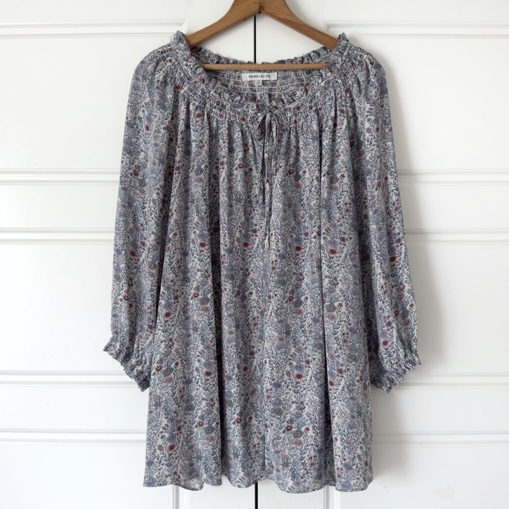 Rose Olive Floral Tunic Blouse Womens 2X Cream Cottagecore Boho Popover Chiffon